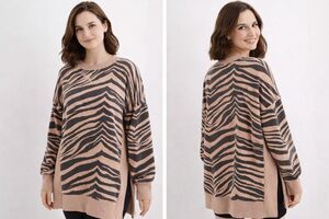 Aerie Zebra Print Terry Sweatshirt Neutral Gray Oversized Side Slit Casual Top M